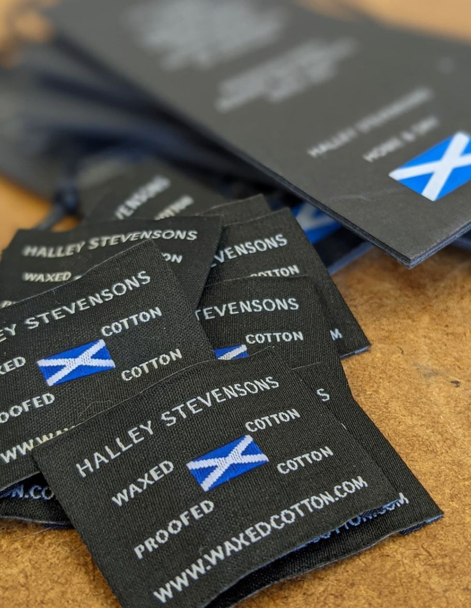Image shows small authenticity labels of Halley Stevensons, Scotland 