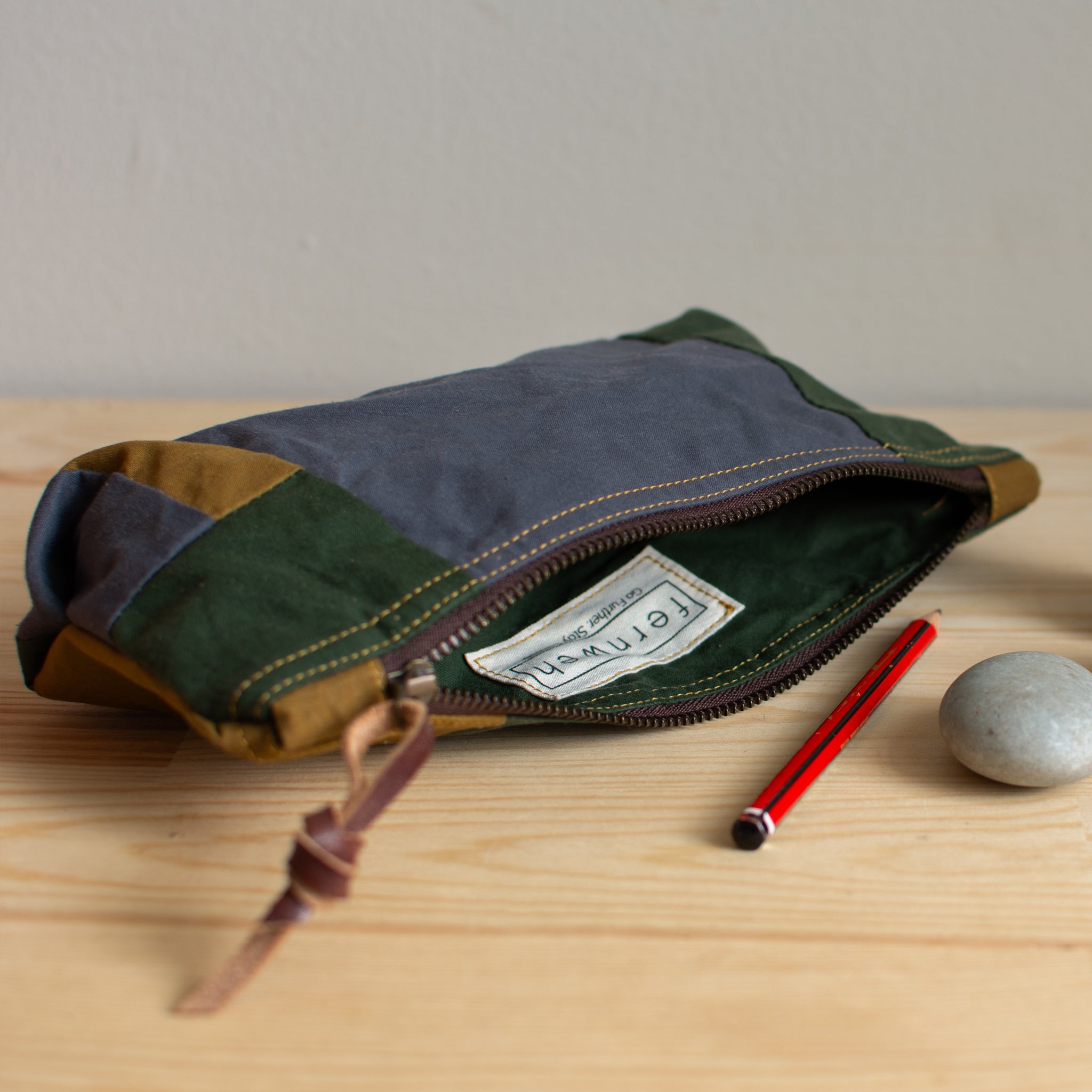 Zero Waste Pencil Pouch - Ochre/Green/Grey
