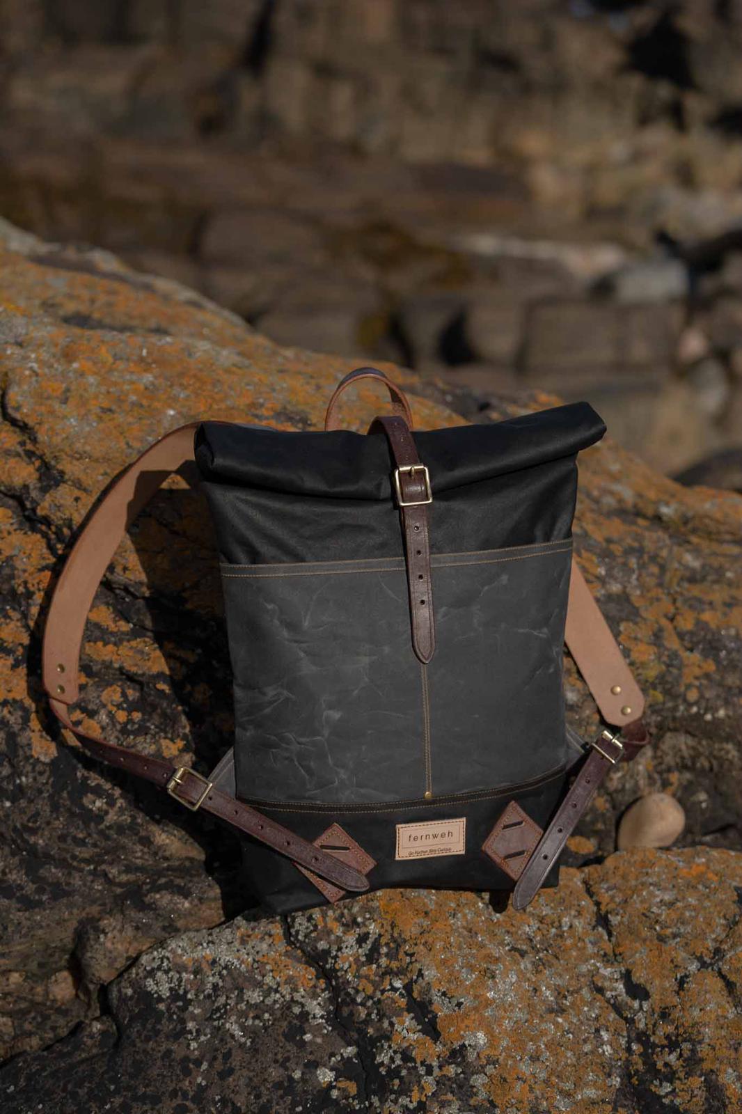 "MUICK" Waxed Canvas & Leather Rolltop Backpack - BASALT/SCREE